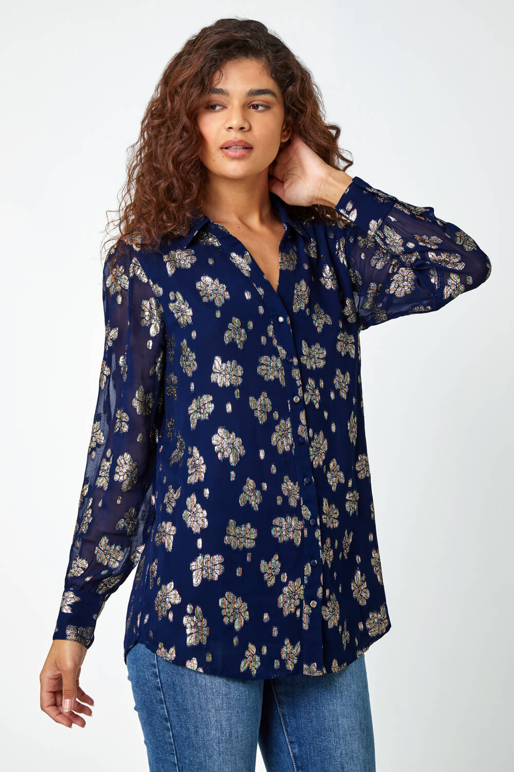 Midnight Blue Metallic Floral Print Blouse, Image 2 of 5