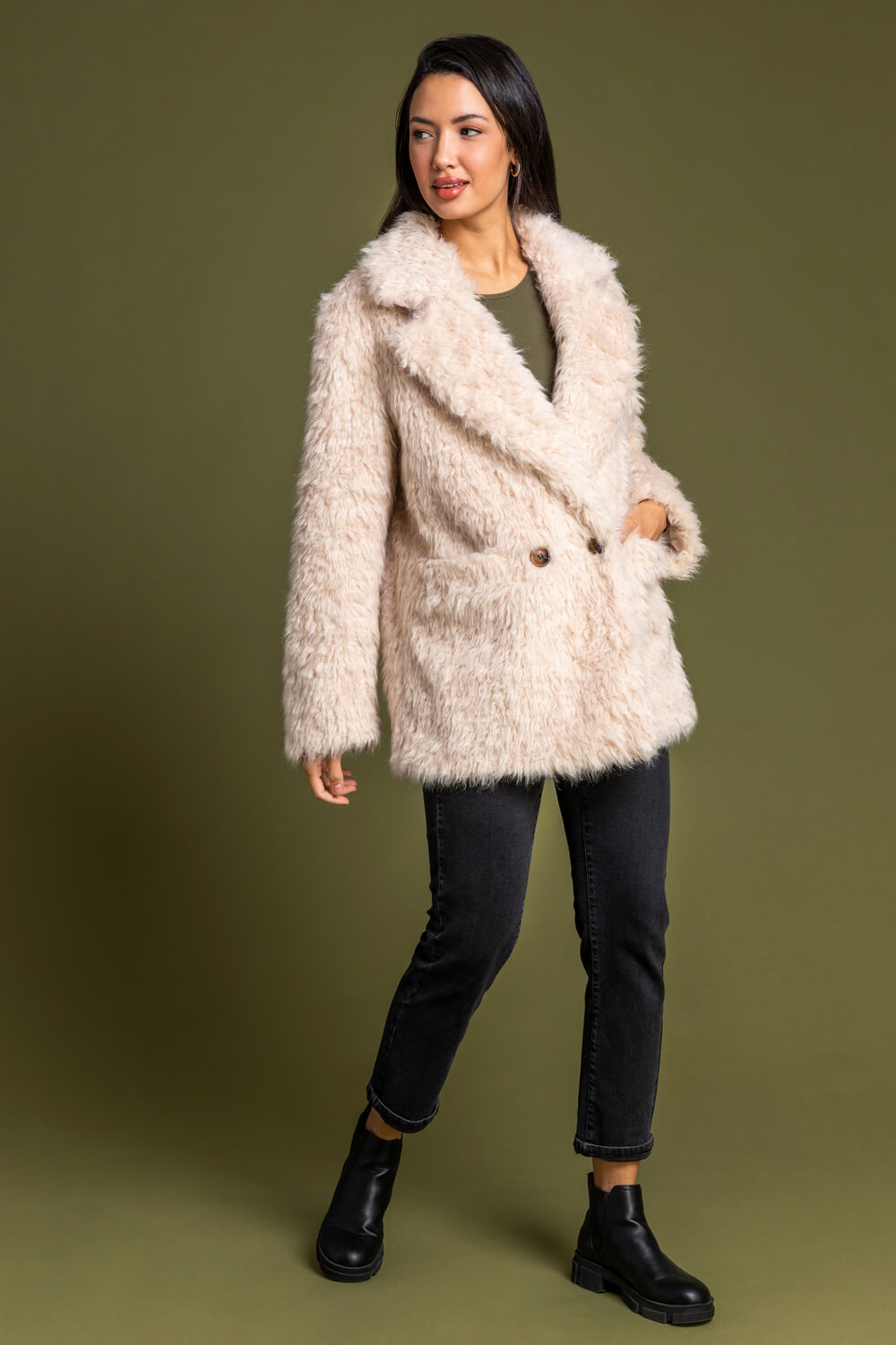 Natural  Faux Fur Textured Collar Coat, Image 3 of 5