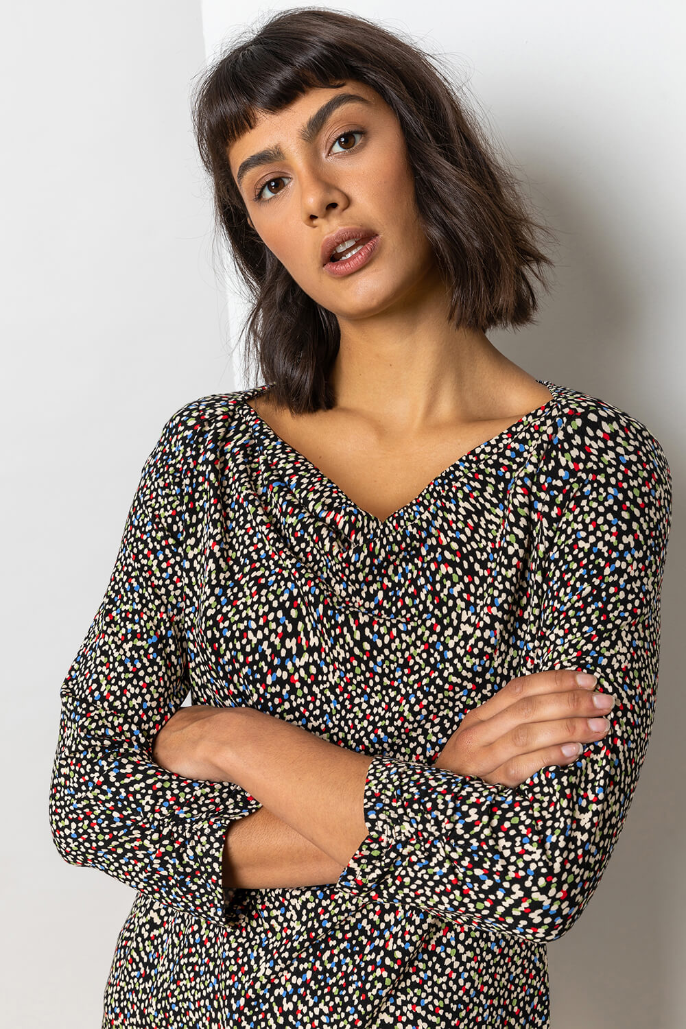 Stone Abstract Print Cowl Neck 3/4 Sleeve Jersey Top , Image 2 of 4