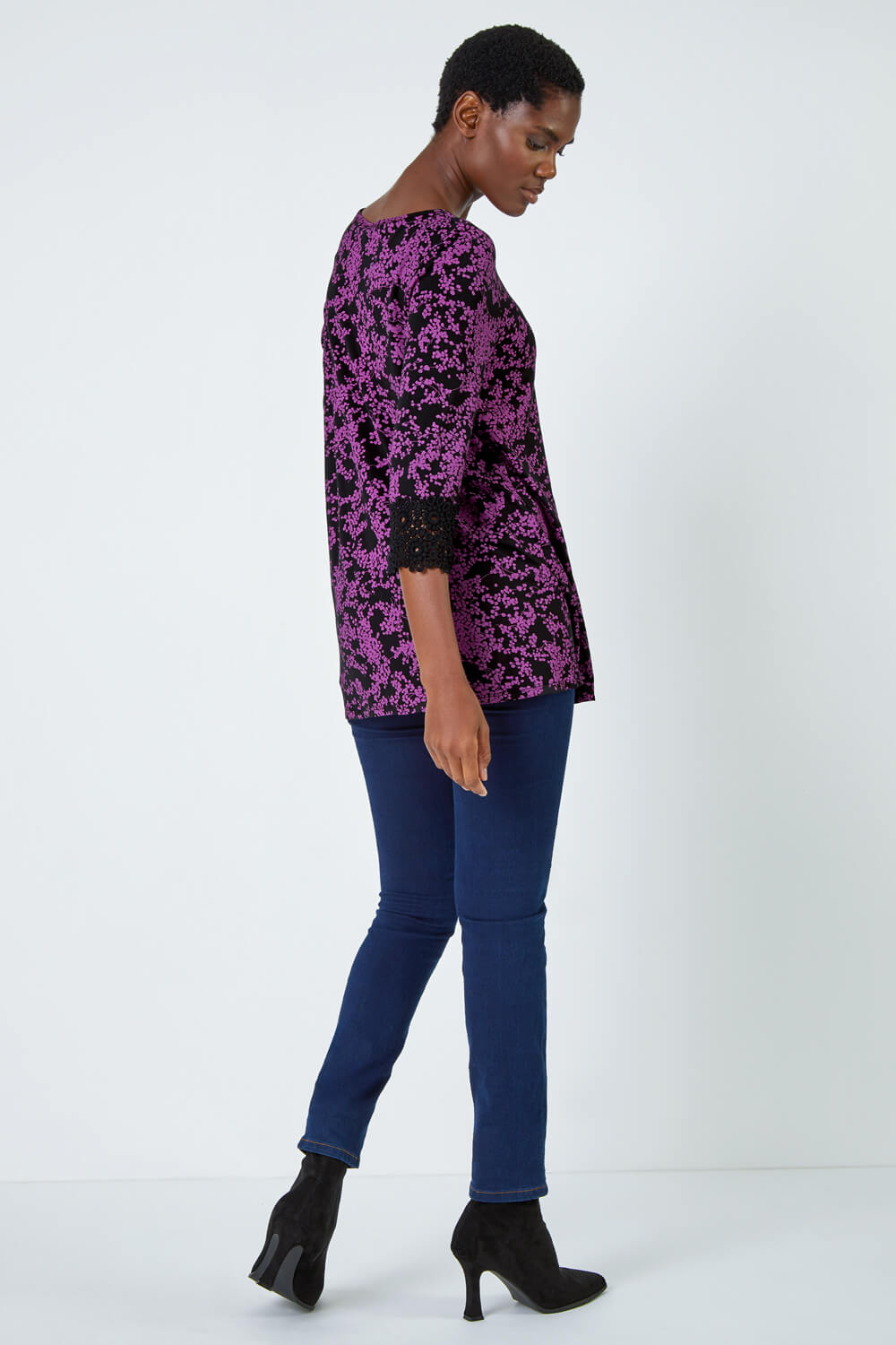 Purple Floral Lace Cuff Stretch Top, Image 3 of 5
