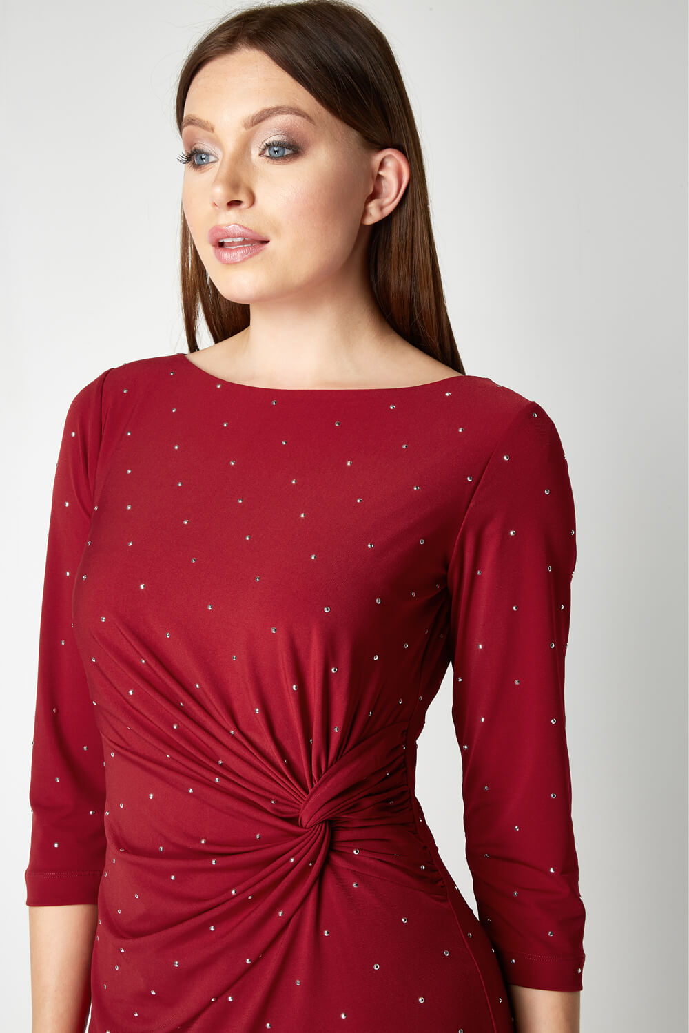 Red Embellished Twist Waist Dress, Image 4 of 5