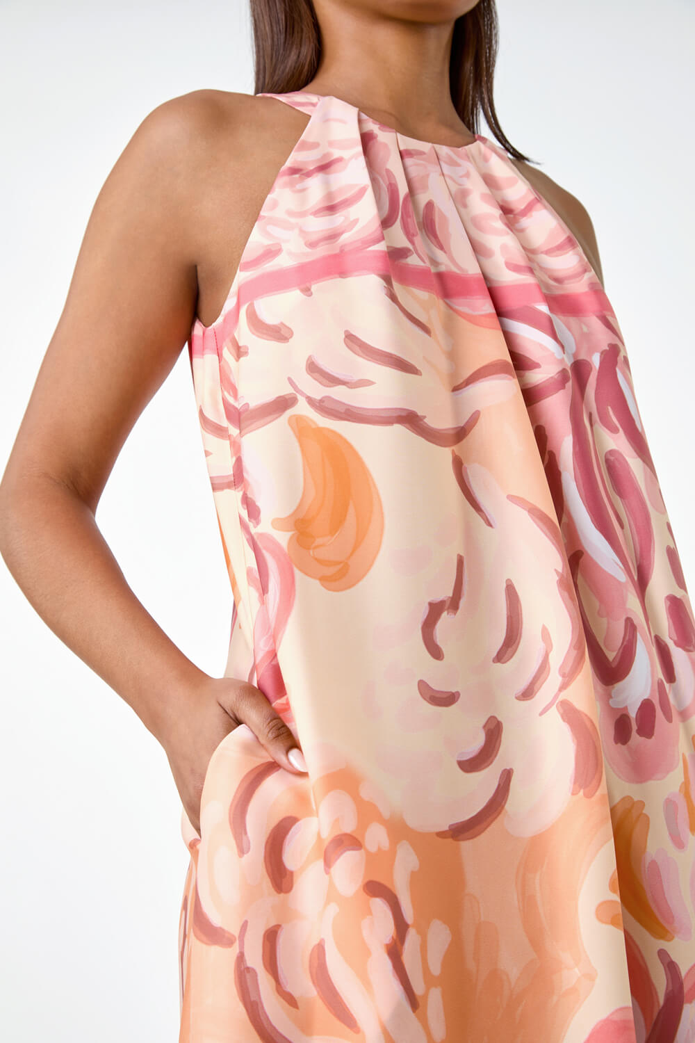 Peach Abstract Print Pocket Trapeze Dress, Image 5 of 5