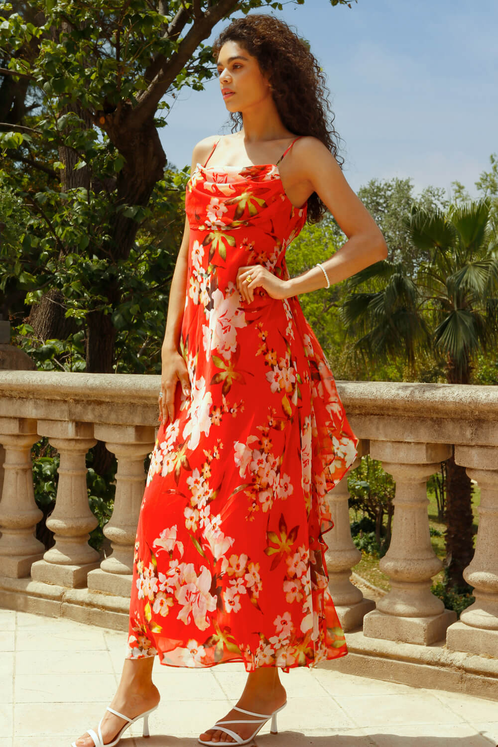 Red Floral Cowl Neck Chiffon Dress, Image 6 of 6