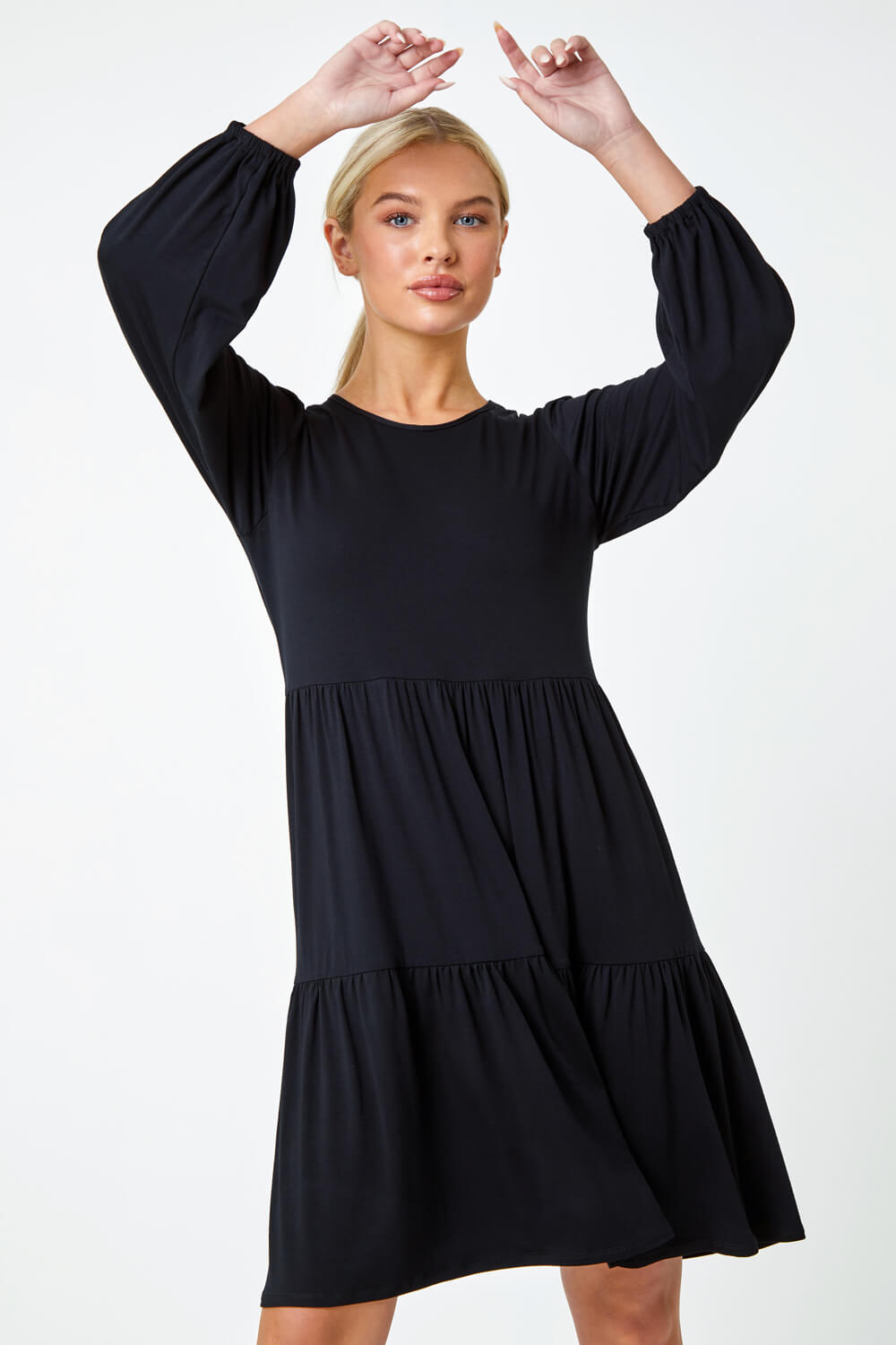 Black Petite Plain Tiered Stretch Dress, Image 2 of 5
