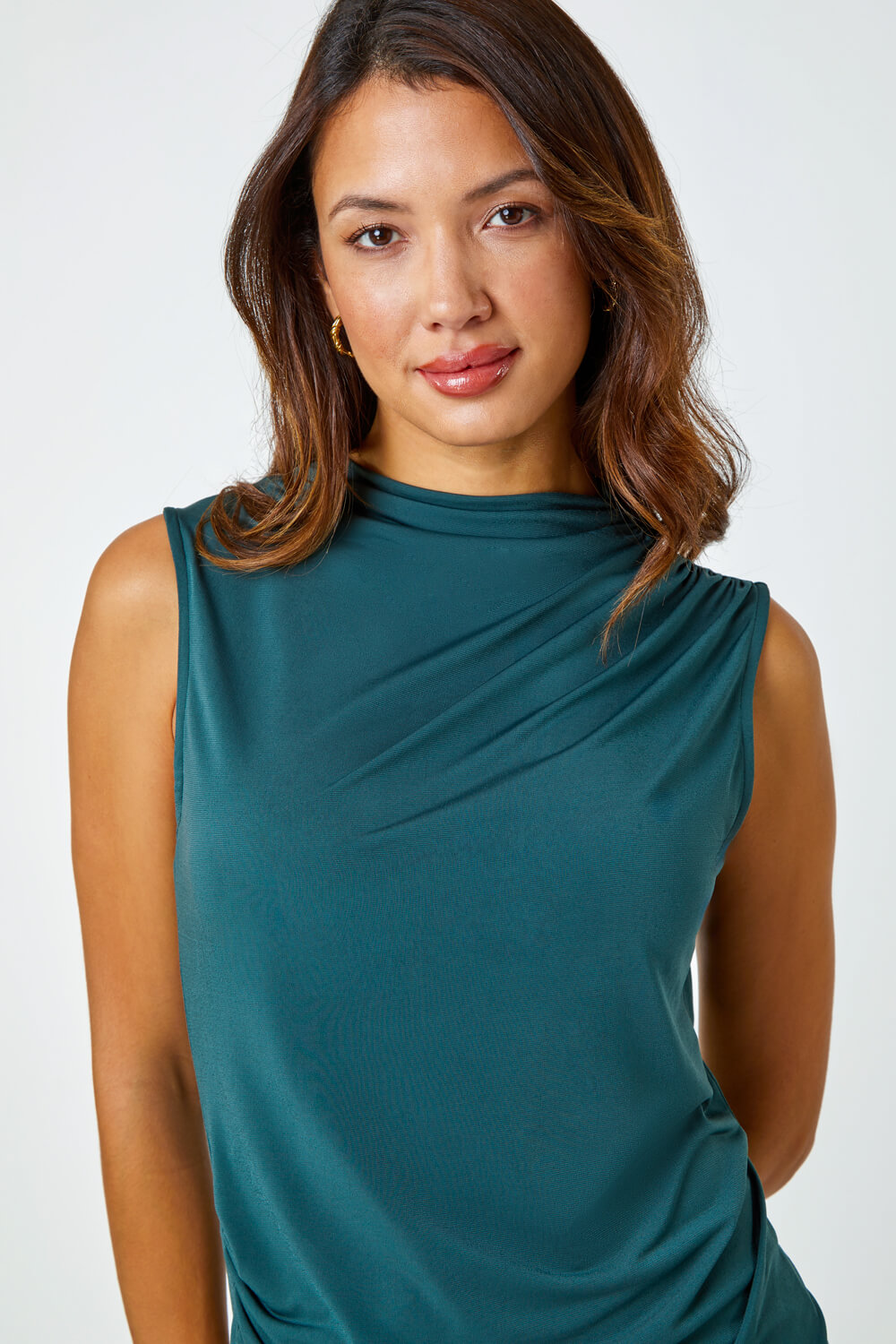 Forest  Sleeveless Ruched Stretch Top, Image 4 of 5