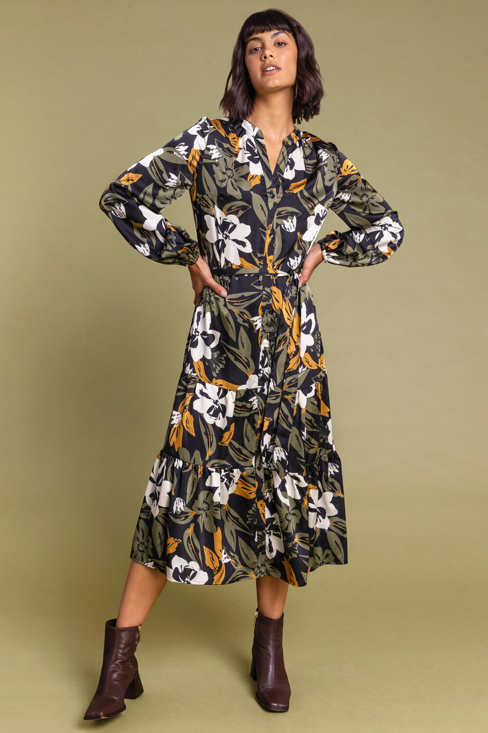 KHAKI Floral Print Midi Length Shirt Dress, Image 3 of 5