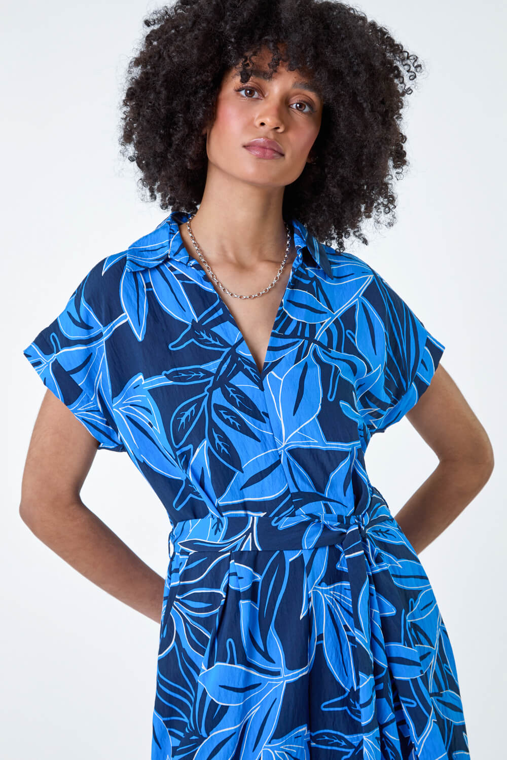Royal Blue Border Leaf Print Midi Dress, Image 4 of 5