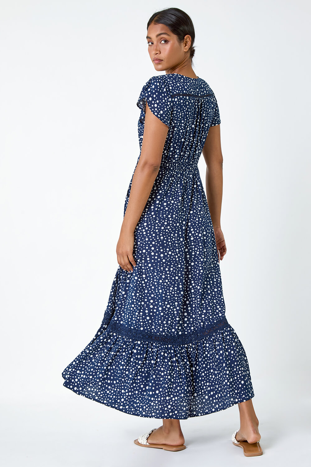 Navy  Polka Dot Lace Detail Maxi Dress, Image 3 of 5