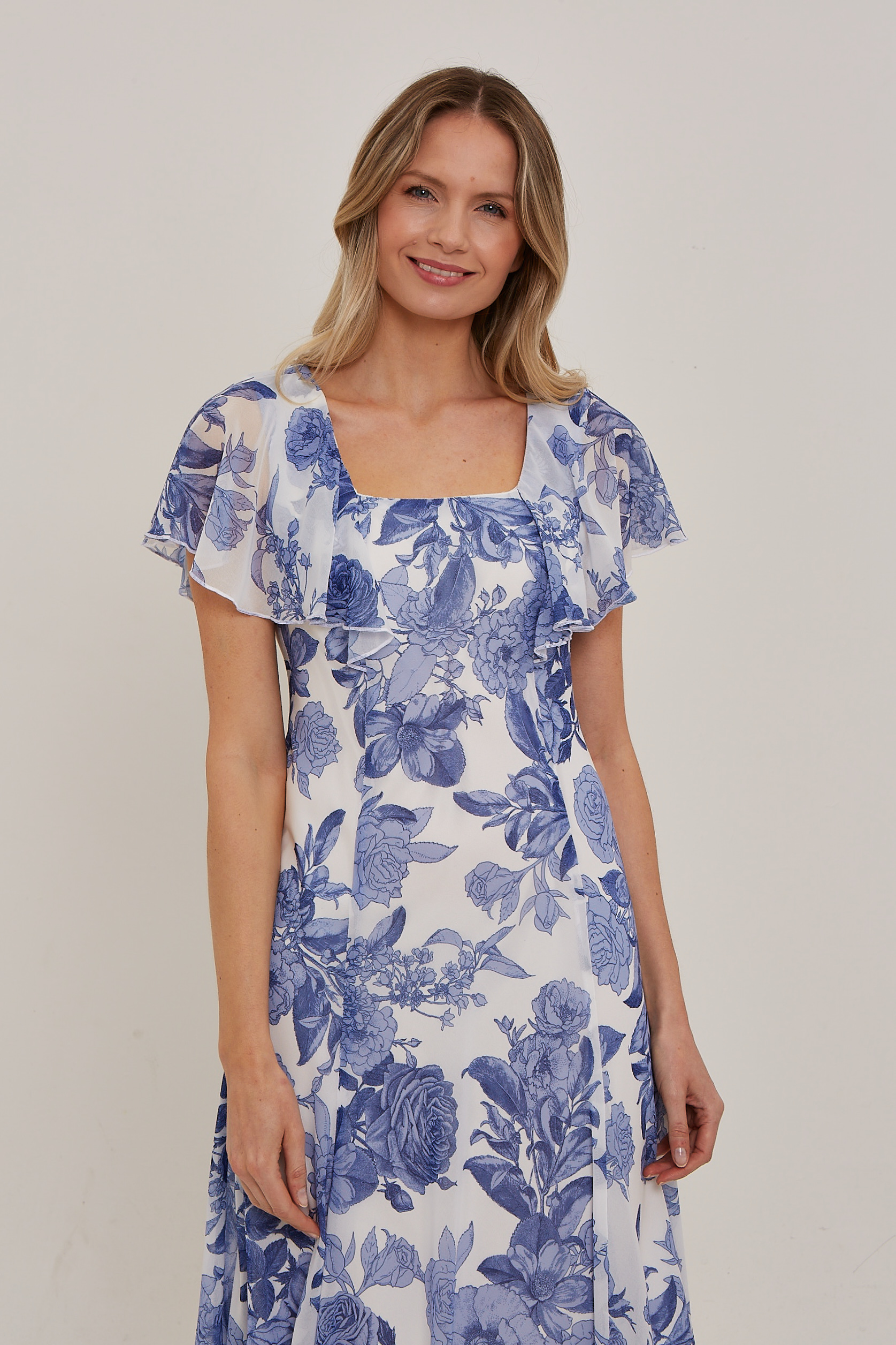 Blue Julianna Floral Chiffon Cape Dress, Image 4 of 5