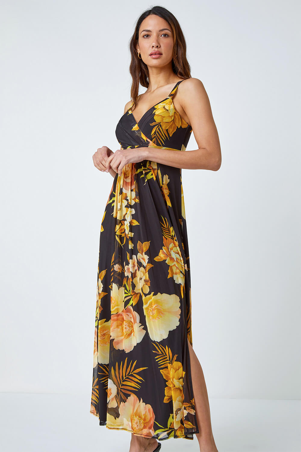 Yellow Floral Print Stretch Maxi Dress, Image 2 of 5
