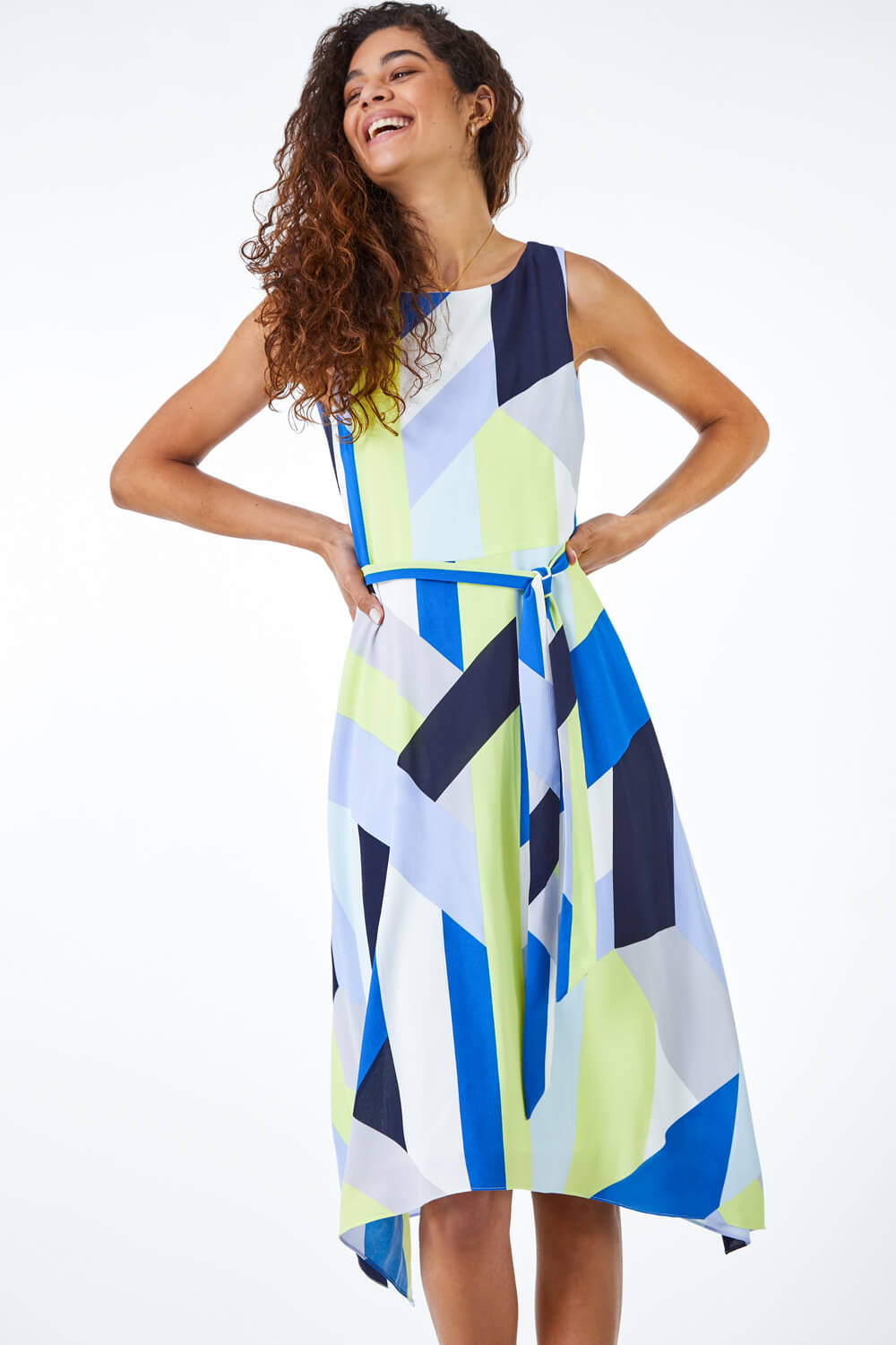 Blue Geo Print Fit And Flare Dress, Image 2 of 5