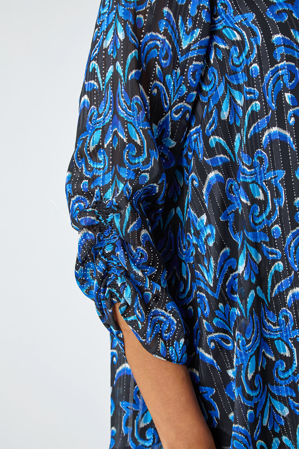 Blue Abstract Print Metallic Ruched Blouse , Image 5 of 5