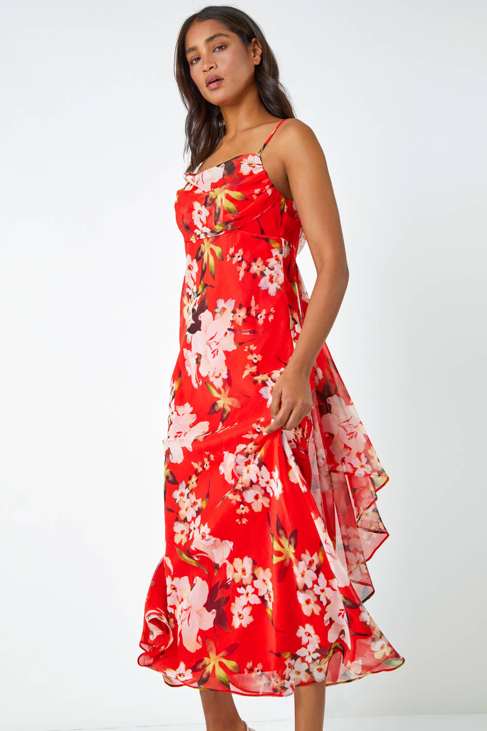 Red Floral Cowl Neck Chiffon Dress, Image 4 of 6