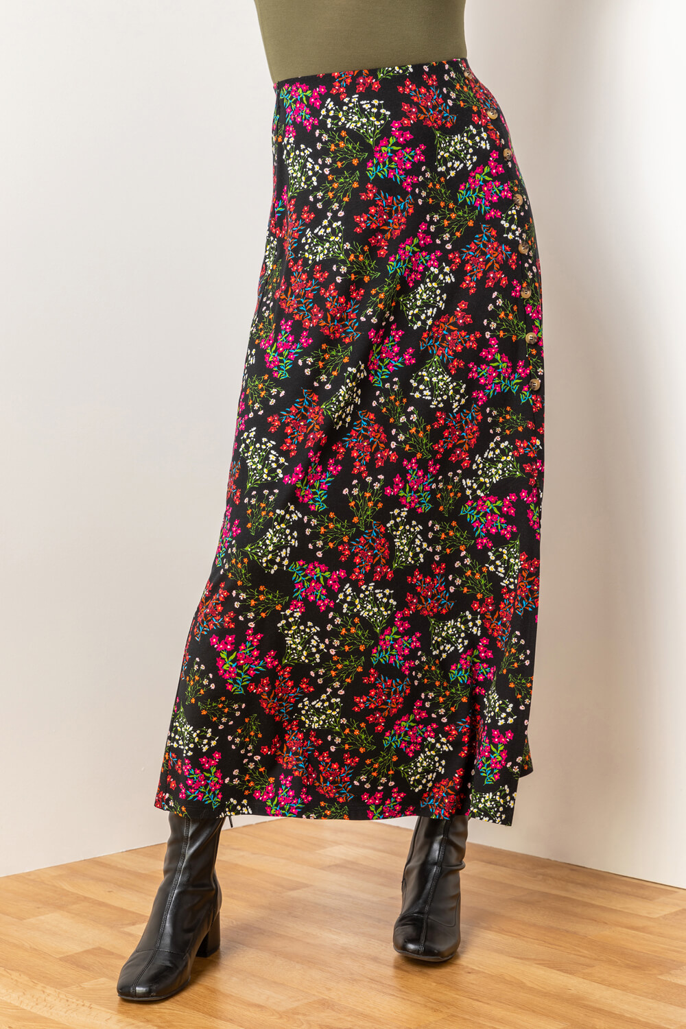 Multi  Ditsy Floral Jersey Midi Skirt, Image 3 of 4