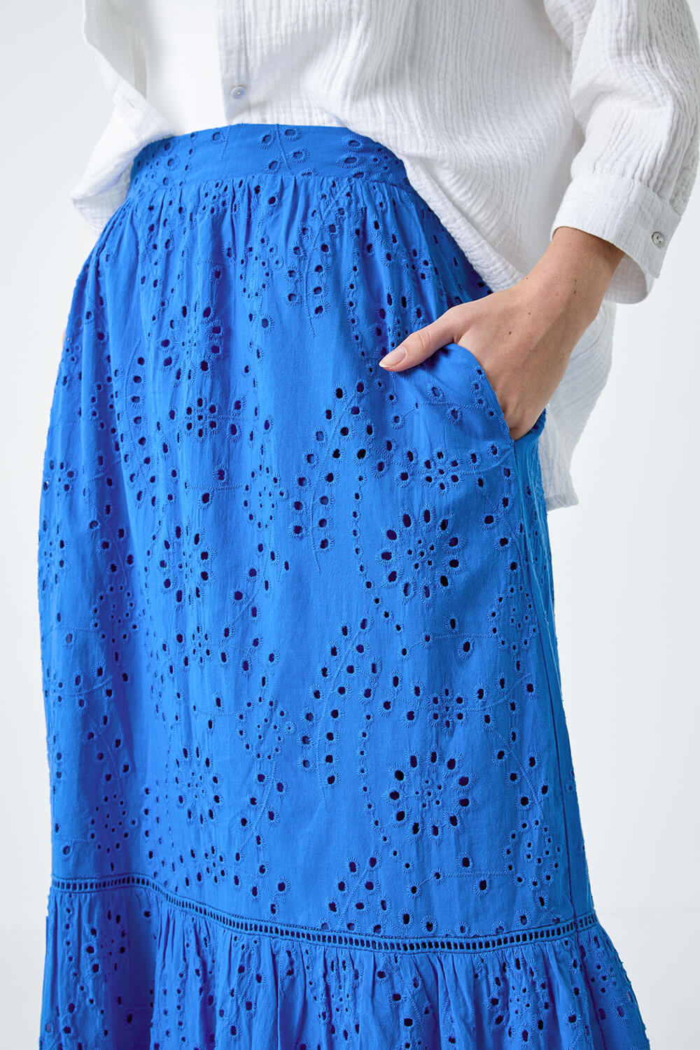 Blue Cotton Broderie Pocket Midi Skirt, Image 5 of 5