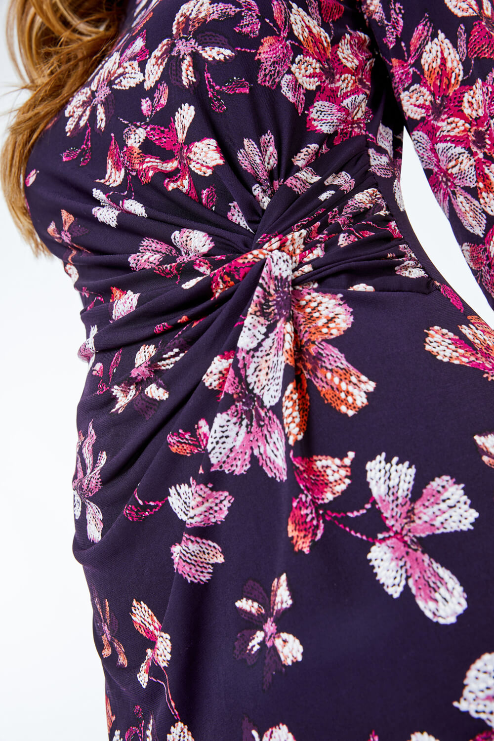 Aubergine Textured Floral Ruched Waist Dress, Image 5 of 5