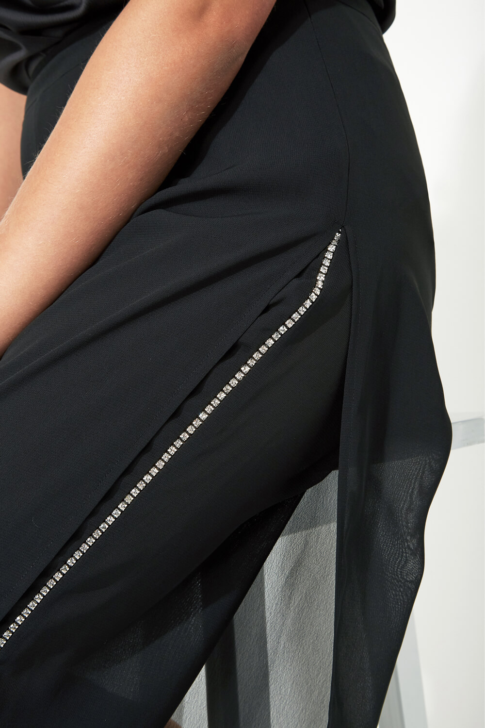 Diamante Embellished Side Split Chiffon Trousers in BLACK - Roman ...