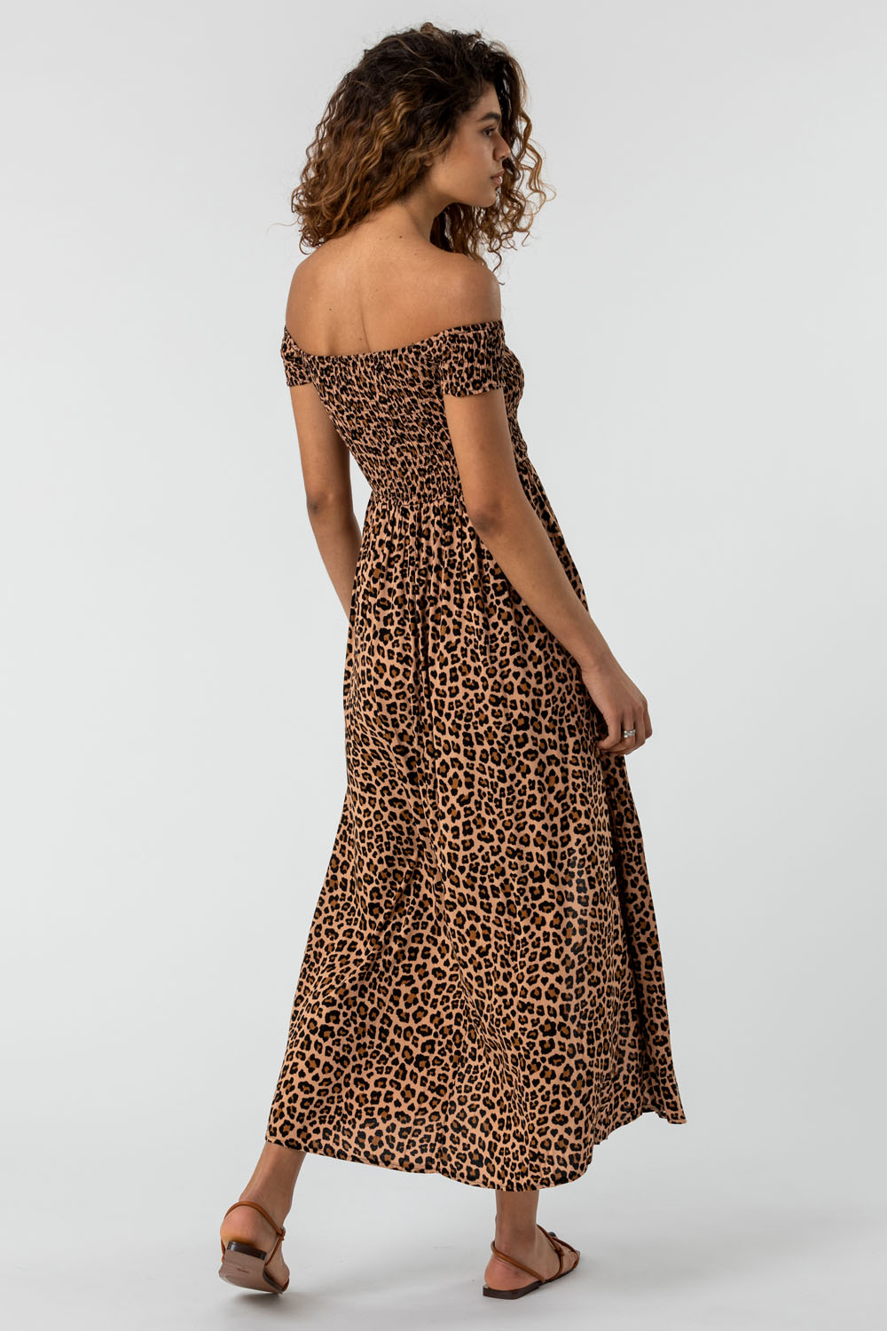 Brown Shirred Leopard Print Bardot Dress, Image 2 of 5