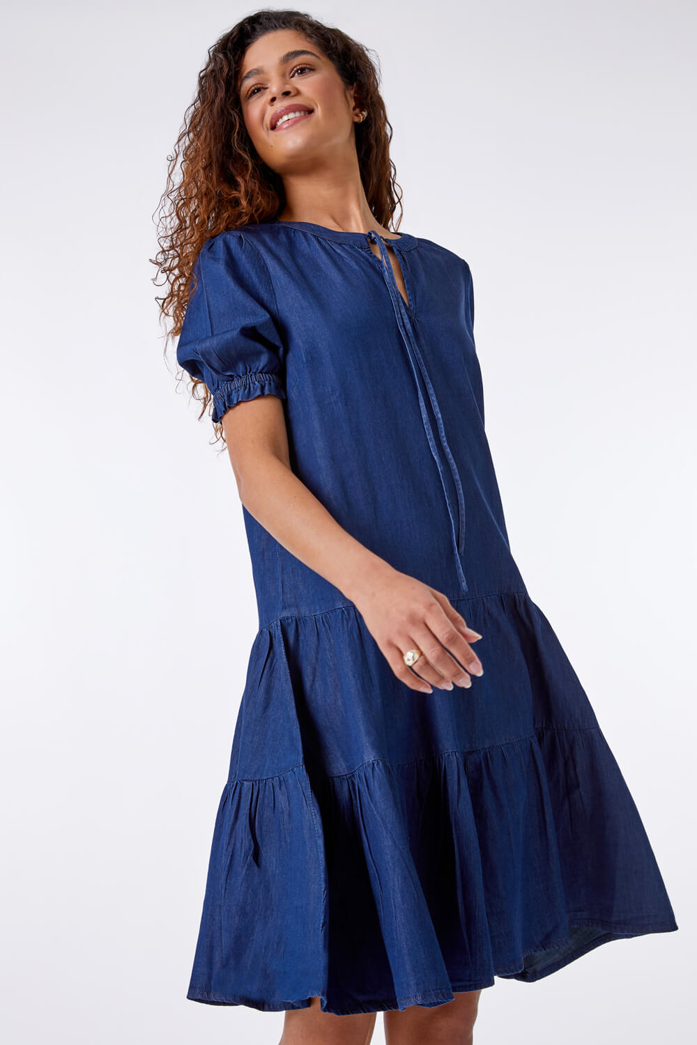 Tiered Denim Puff Sleeve Dress in Denim - Roman Originals UK