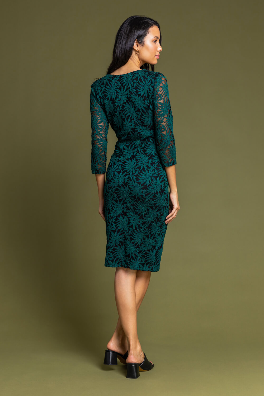 Green Palm Print Lace Ruched Dress, Image 2 of 4