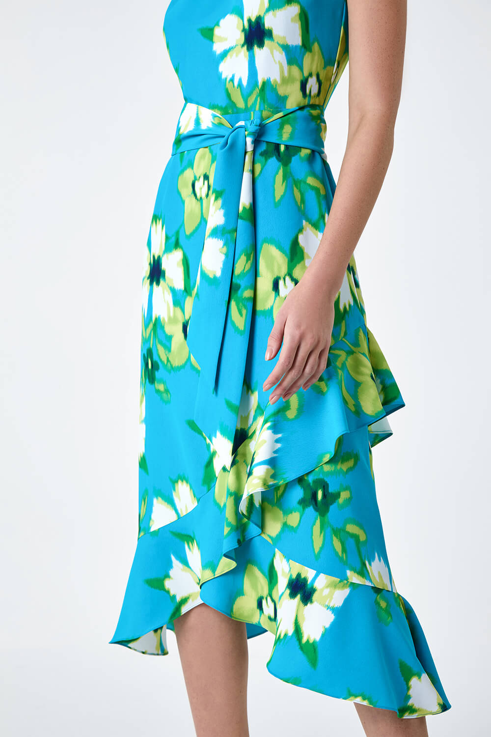 Turquoise Floral Print Chiffon Halterneck Midi Dress, Image 5 of 5