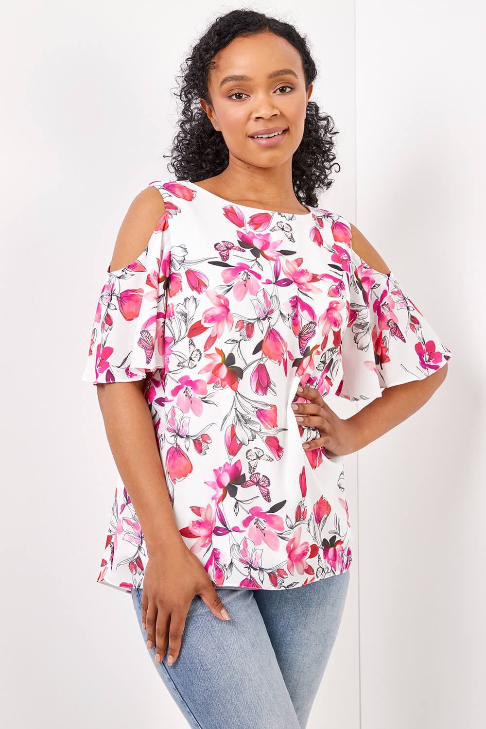 Petite Floral Print Cold Shoulder Chiffon Top in Pink
