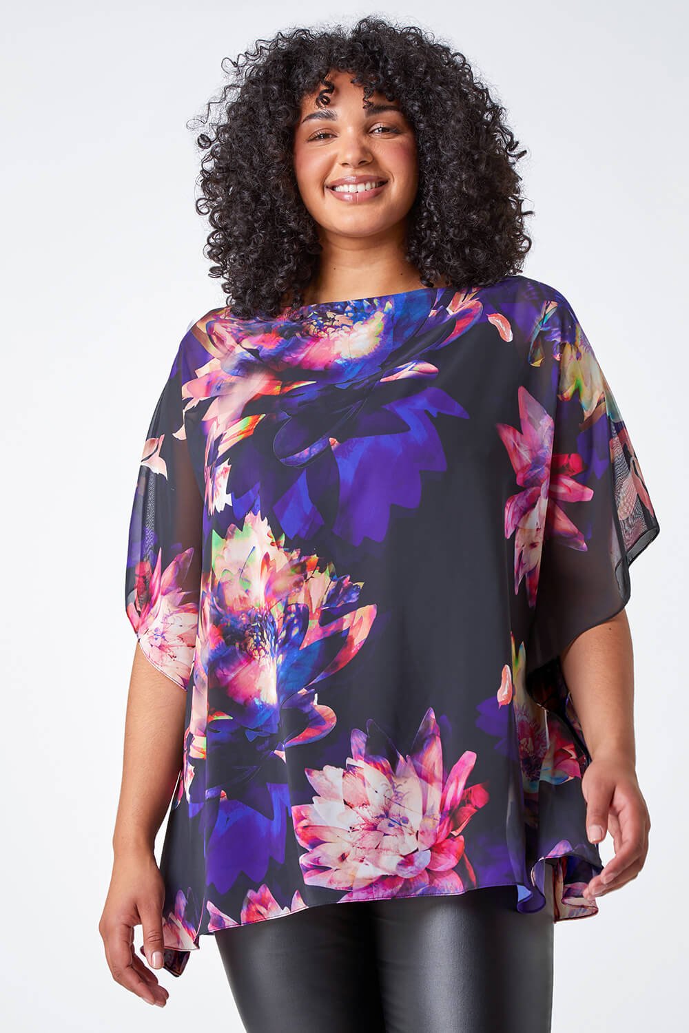 Black Curve Floral Print Chiffon Overlay Top, Image 2 of 5