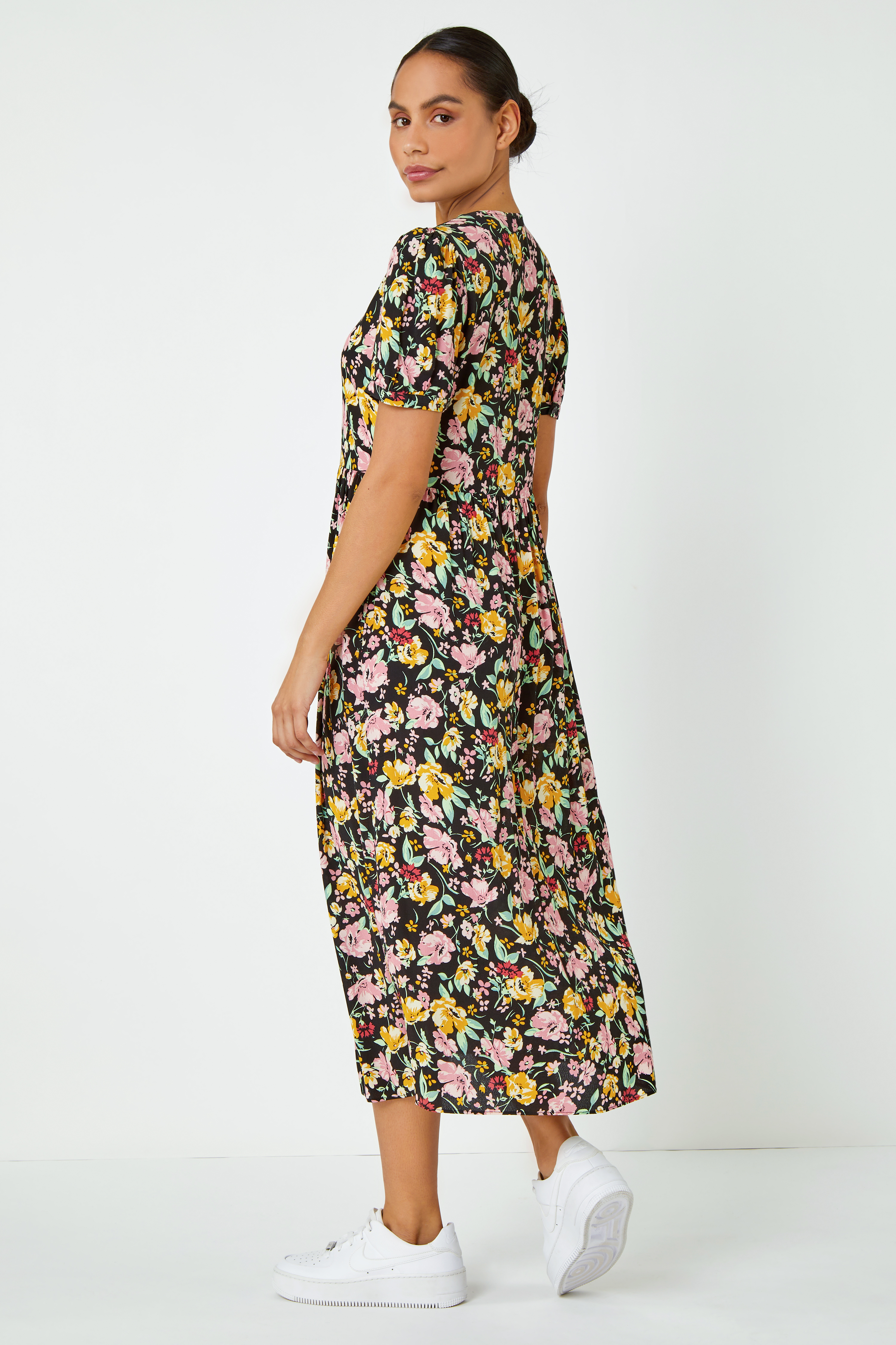 Multi  Floral Print Button Through Dress, Image 3 of 5