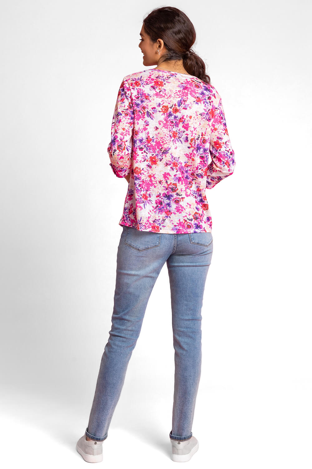 PINK Floral Print Jersey Pleat Detail Top, Image 2 of 4
