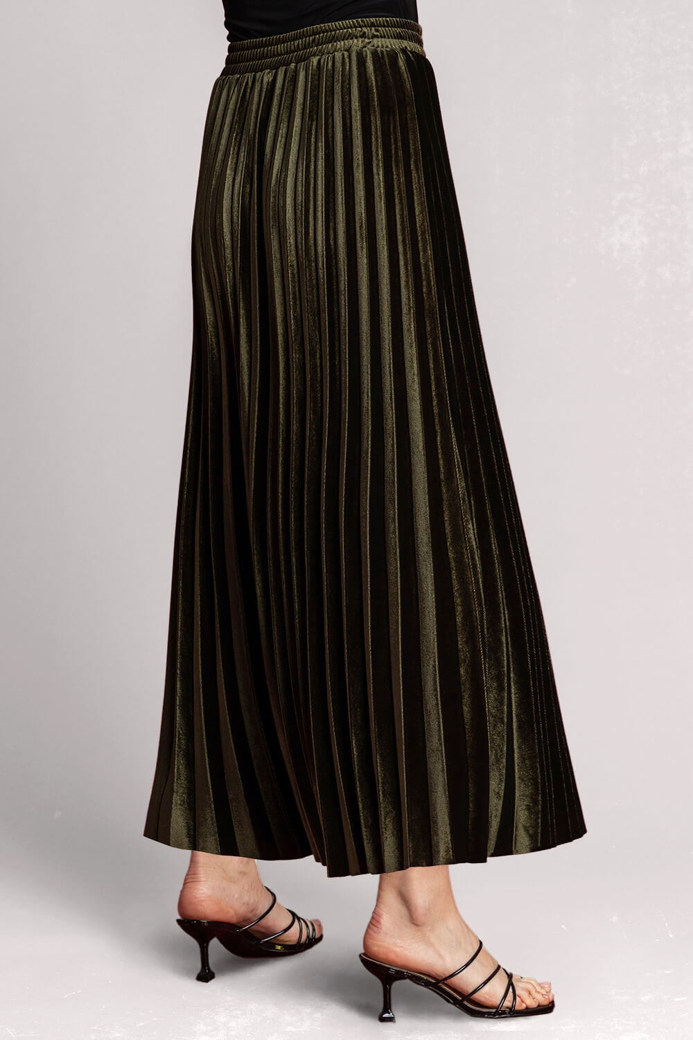 Olive Velour Pleated Midi Skirt, Image 2 of 5