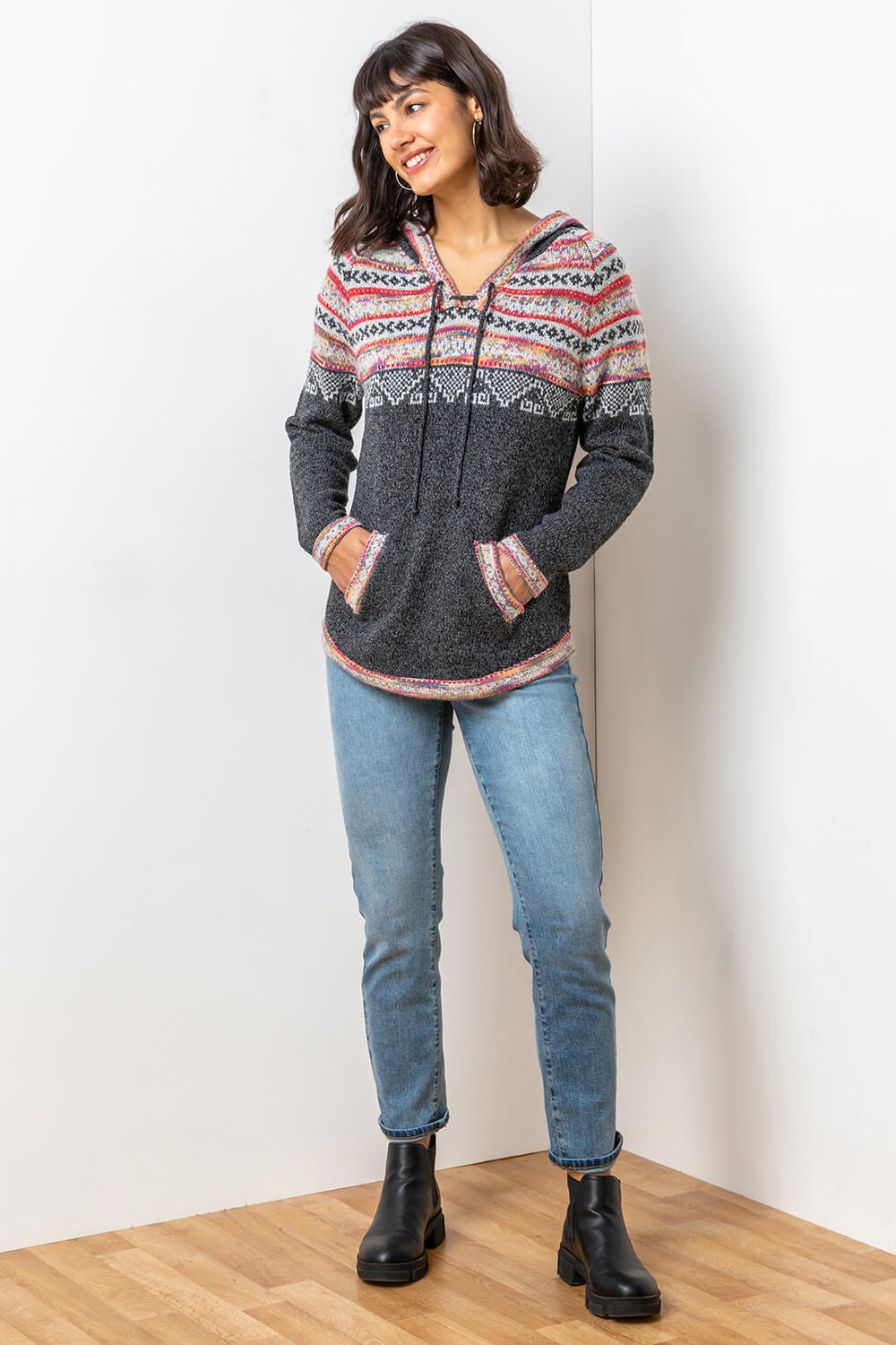 Charcoal Nordic Print Hooded Jumper, Image 3 of 5