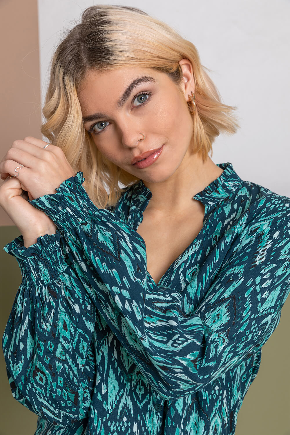 Turquoise Aztec Print Buttoned Blouse, Image 4 of 5