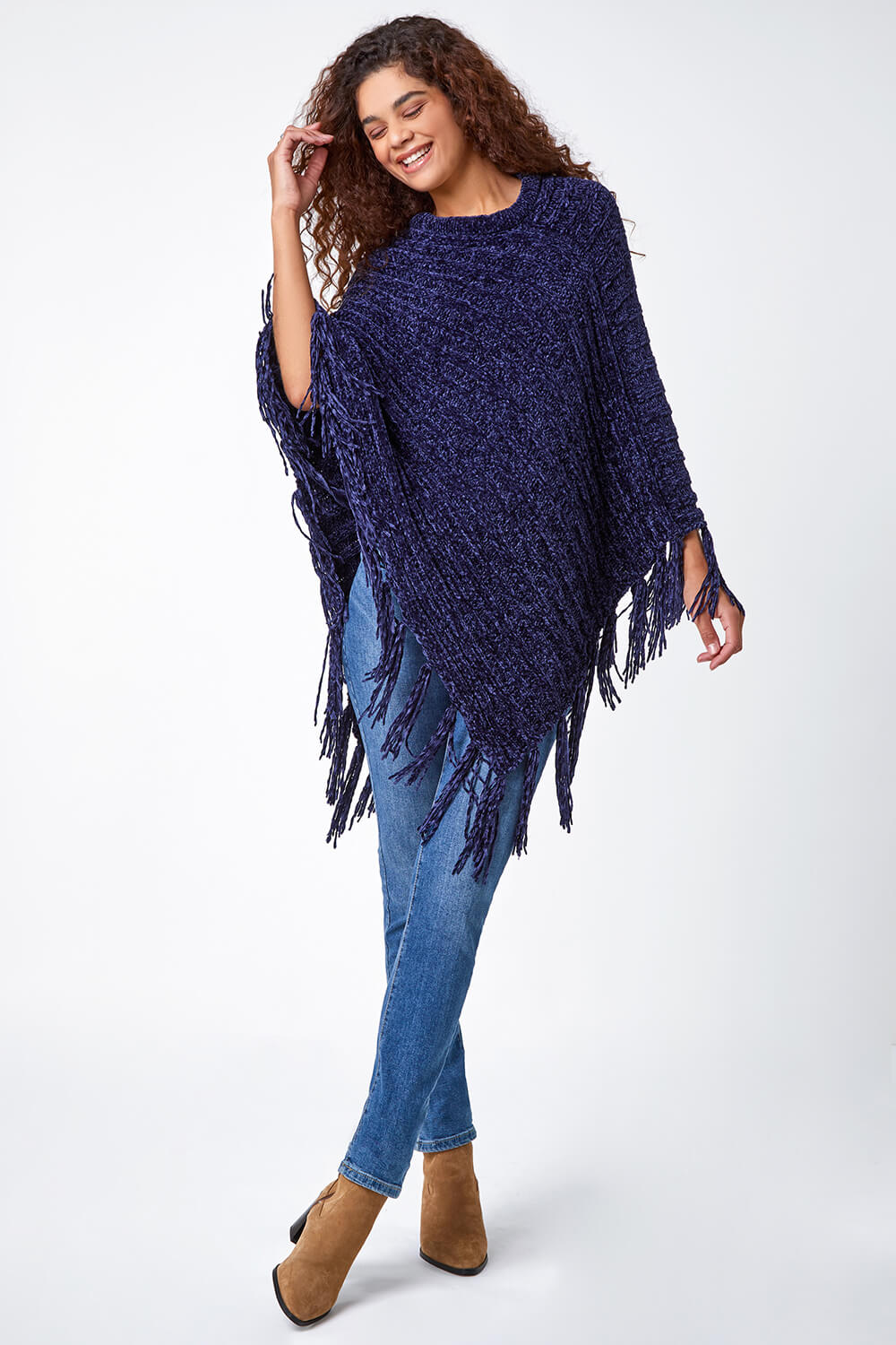 Midnight Blue One Size Chenille Tassel Trim Poncho, Image 2 of 5