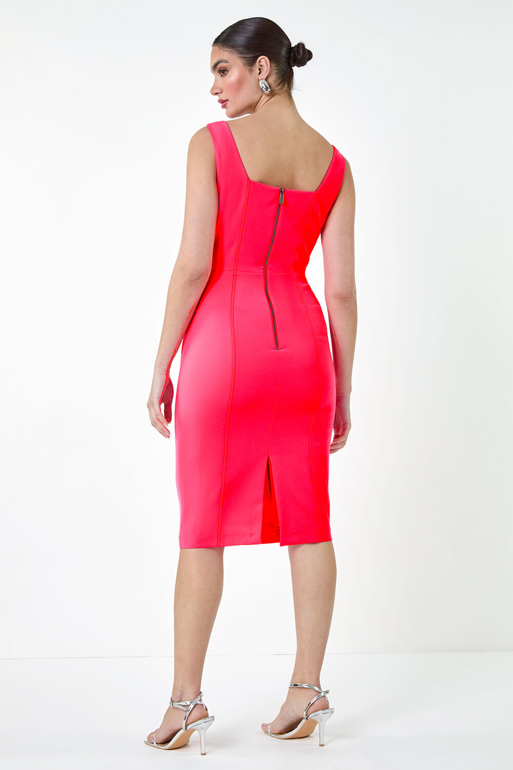 Bright Pink Plain Corset Detail Stretch Dress, Image 3 of 5