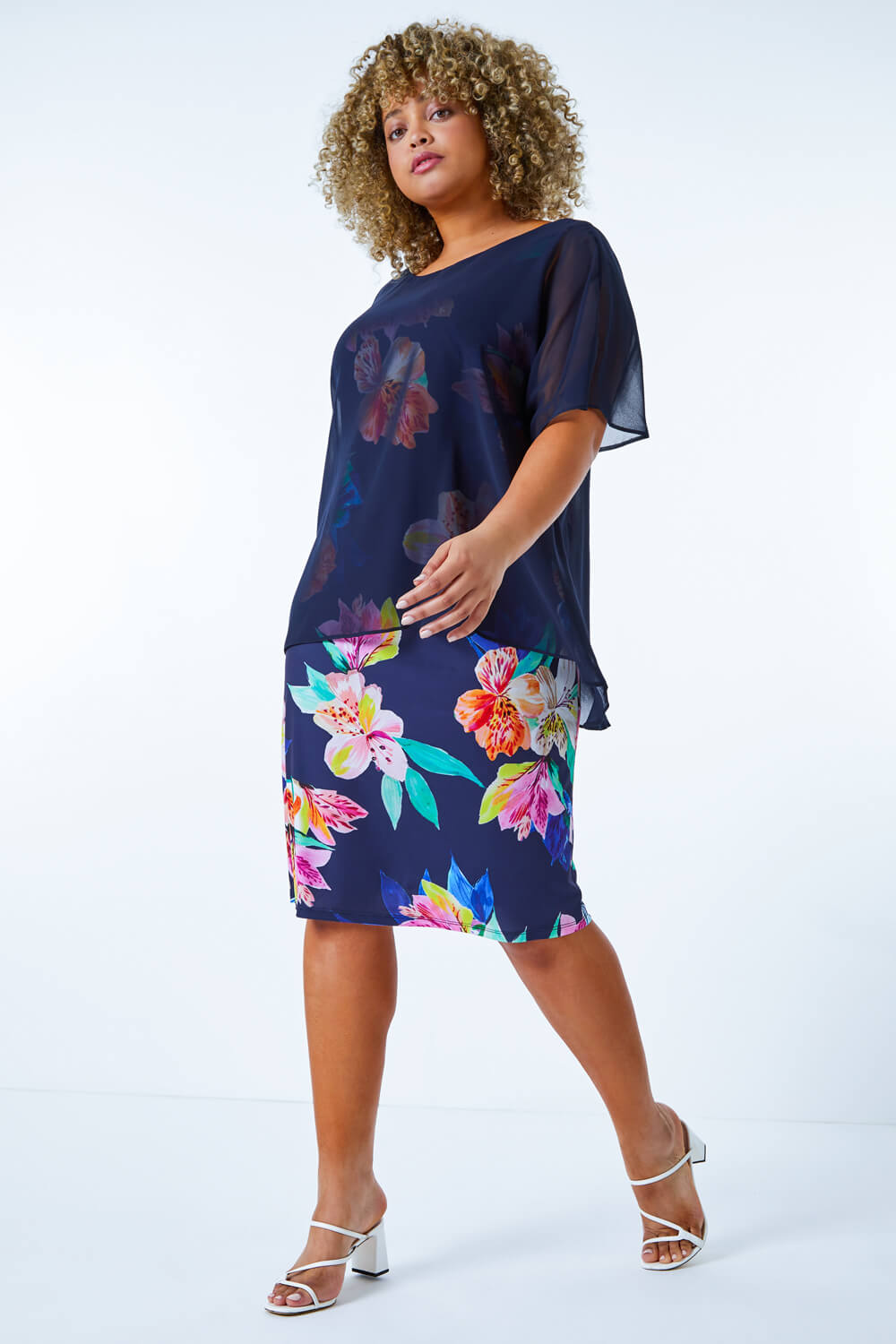 Navy  Curve Chiffon Overlay Floral Dress, Image 2 of 5