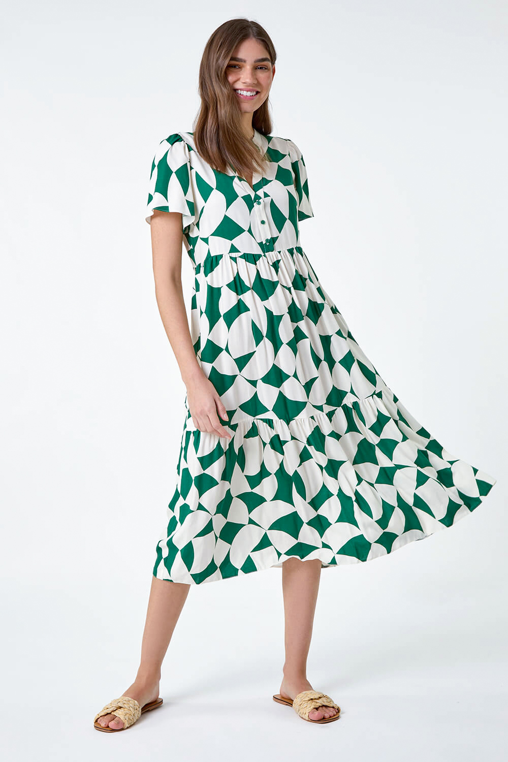 Green Geometric Print Tiered Midi Dress, Image 2 of 5