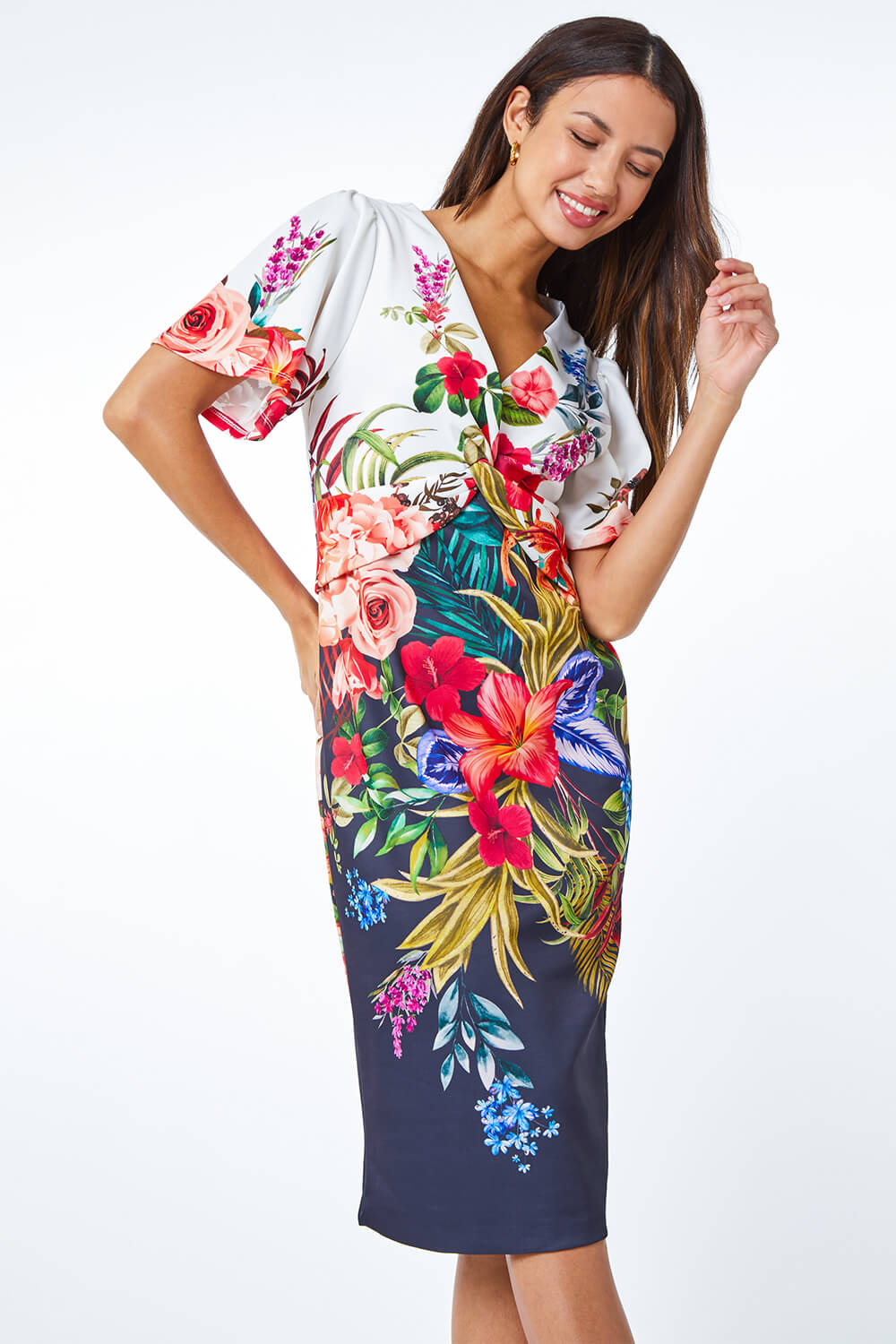 Floral Print Twist Premium Stretch Dress