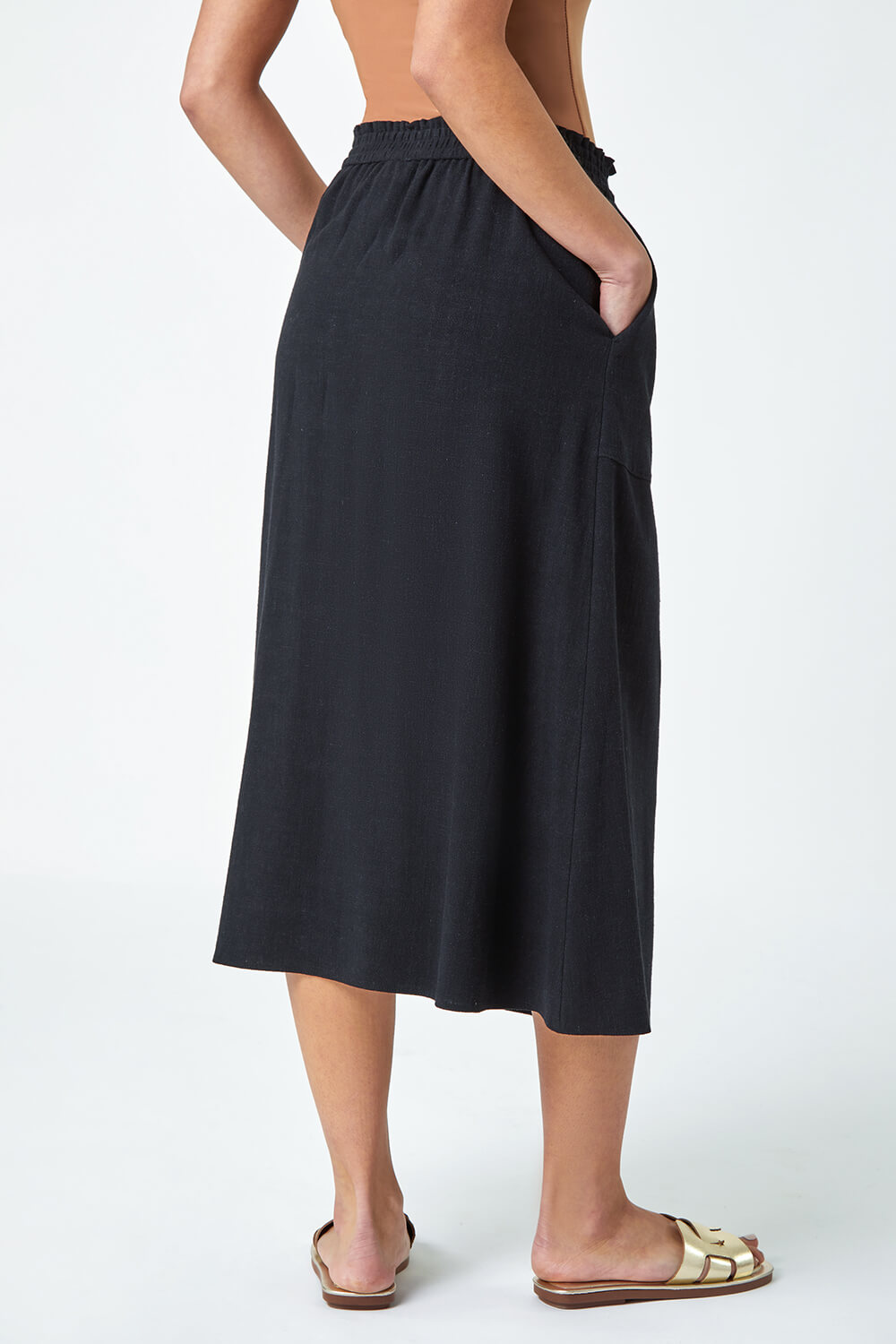 Black Petite Linen Blend Button Midi Skirt, Image 3 of 5