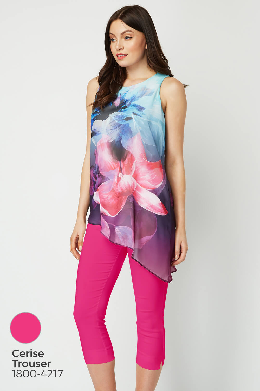 Turquoise Sleeveless Floral Print Chiffon Top, Image 7 of 8
