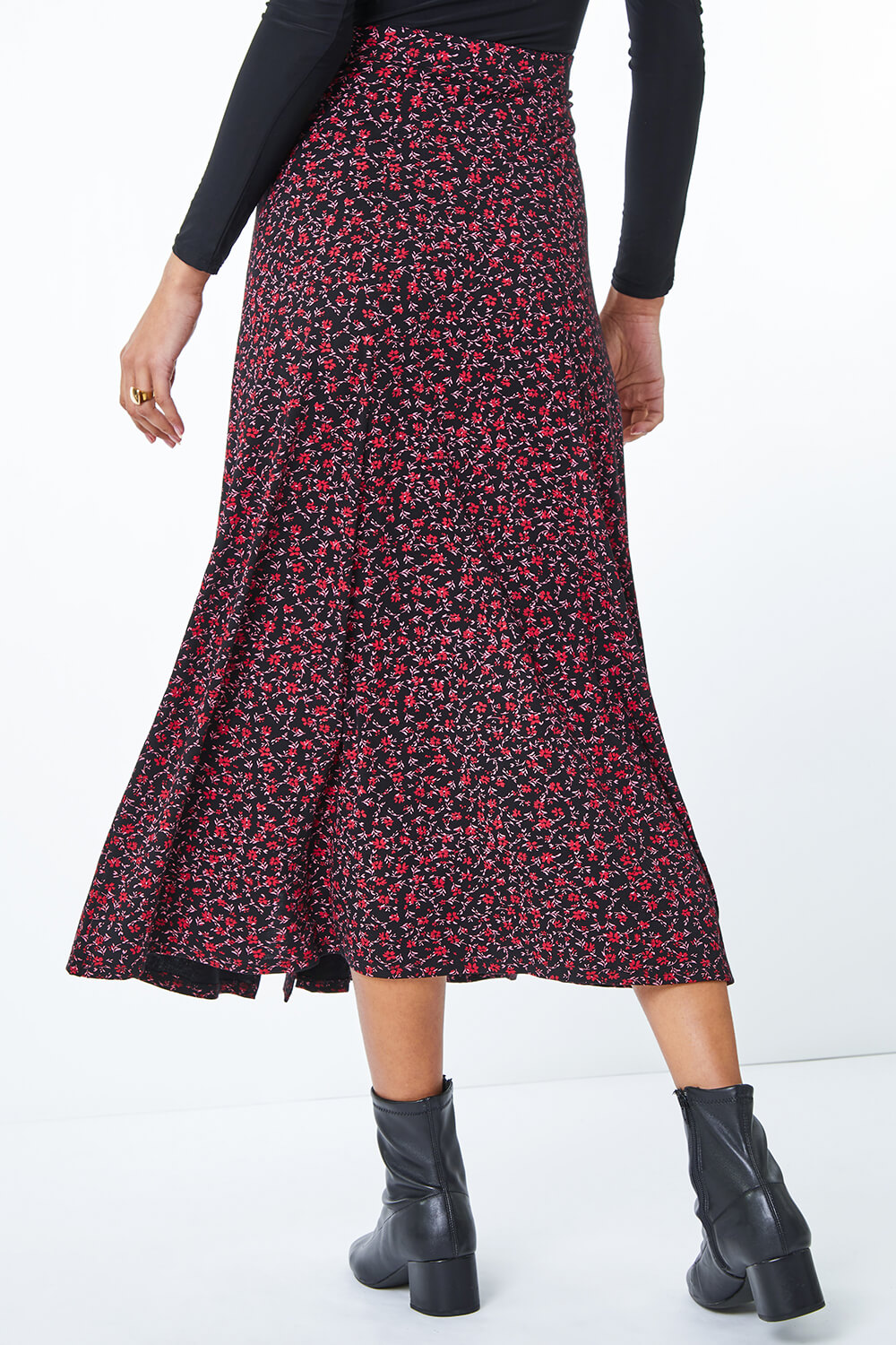 Red Ditsy Floral Print Midi Skirt , Image 2 of 5