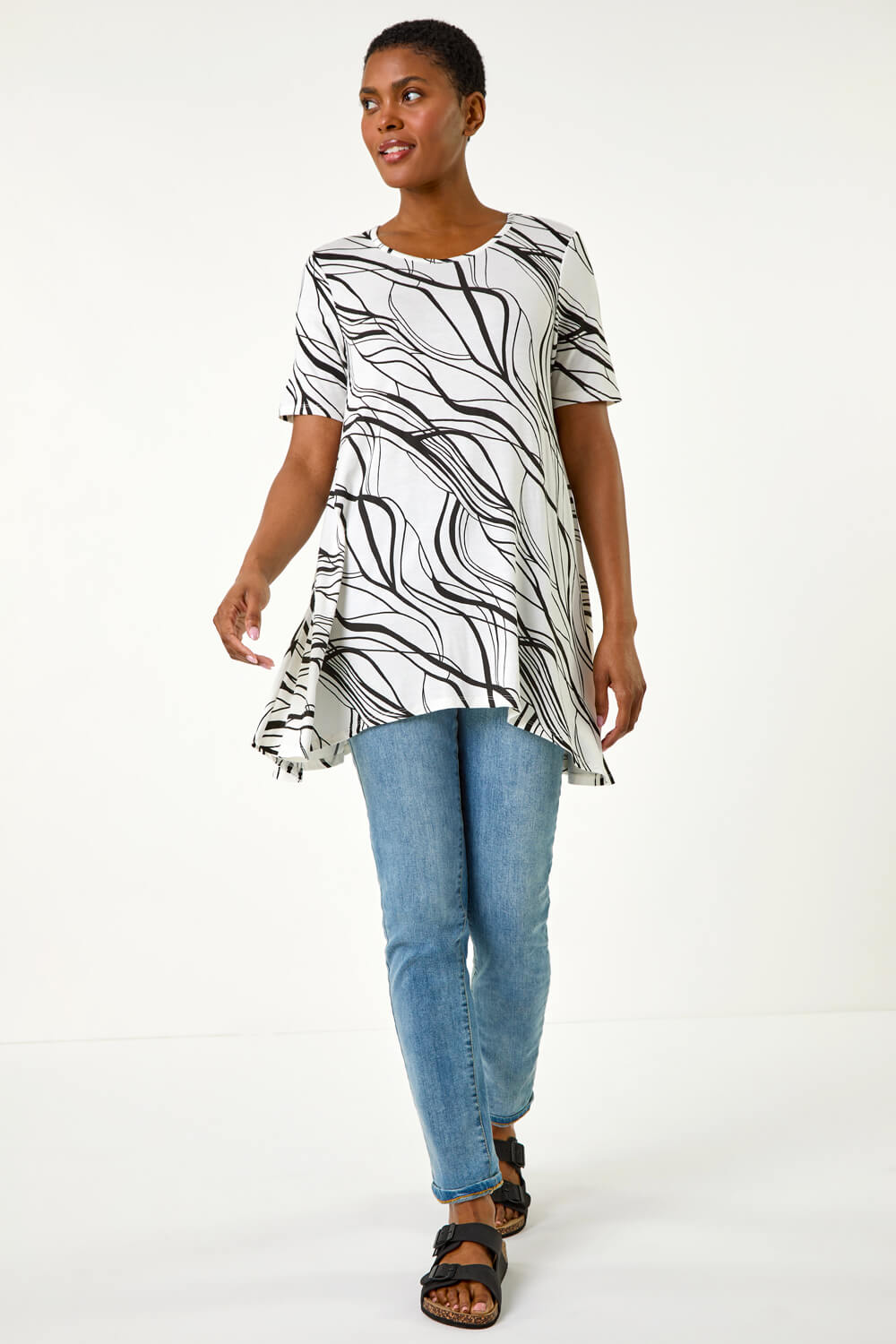 Ivory  Abstract Hanky Hem Stretch Tunic Top, Image 2 of 5