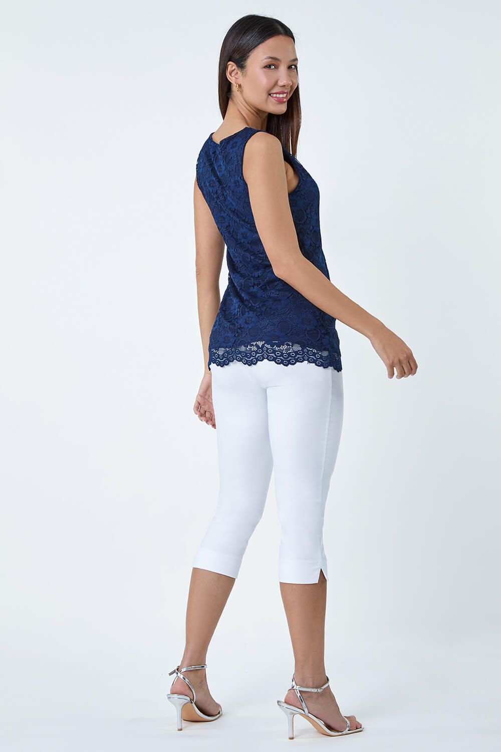 Navy  Lace Twist Front Stretch Top, Image 3 of 5