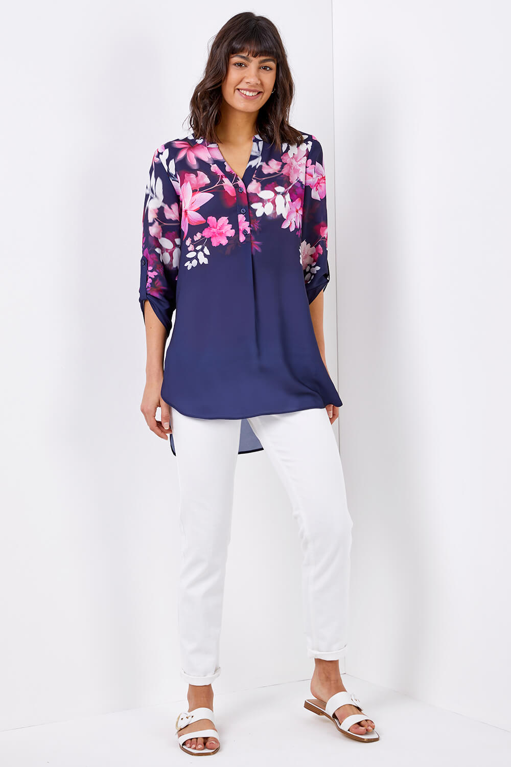 Navy  Floral Print Button Down Top, Image 3 of 4