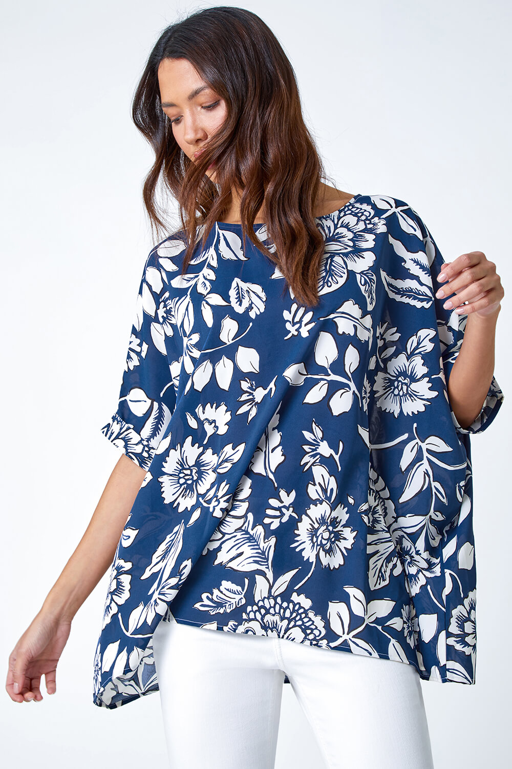 Navy  Floral Print Button Back Top, Image 4 of 5