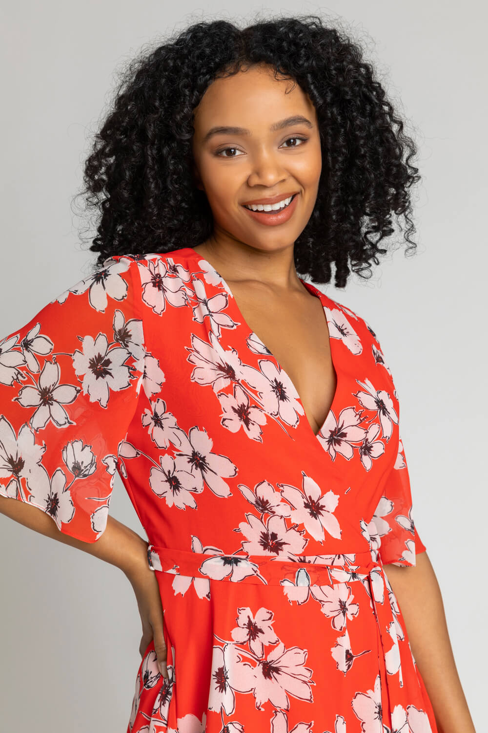 Red Petite Floral Print Tiered Frill Dress, Image 4 of 5