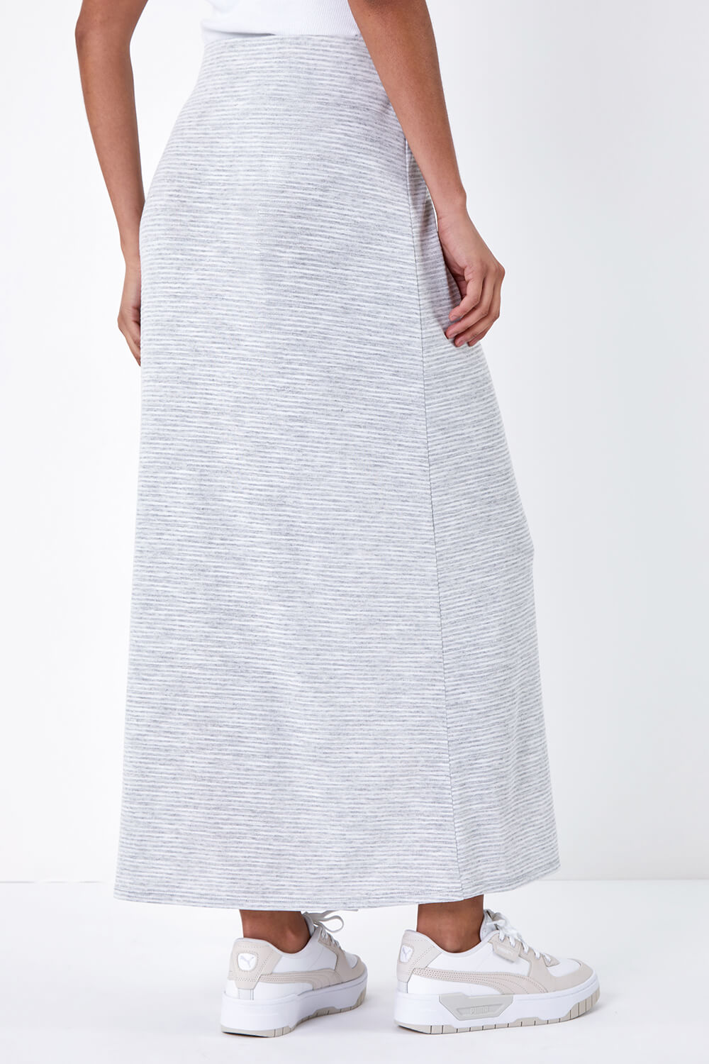 Grey Stripe Print Stretch Maxi Skirt, Image 3 of 5