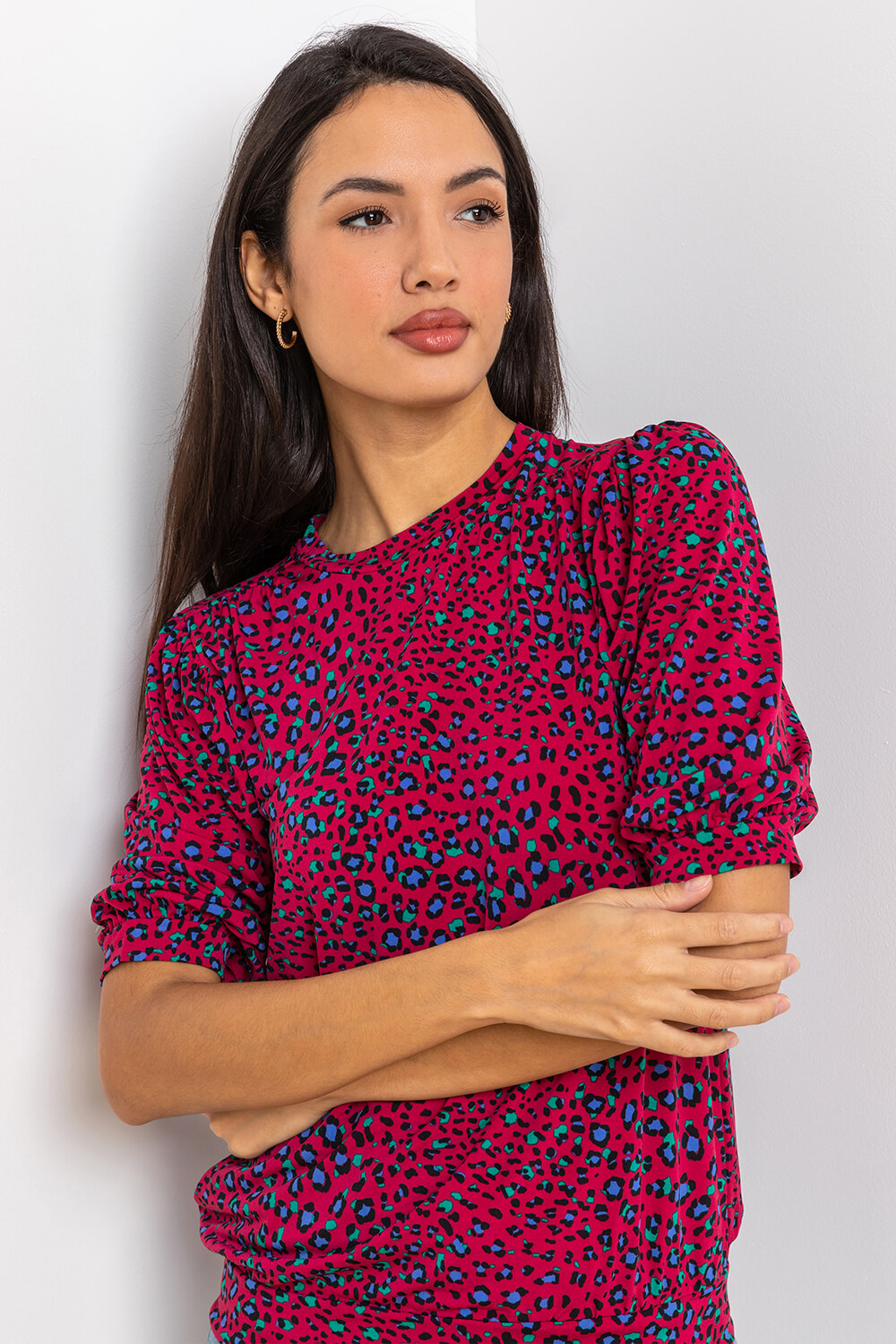 Red Contrast Animal Print Shirred Top, Image 4 of 5