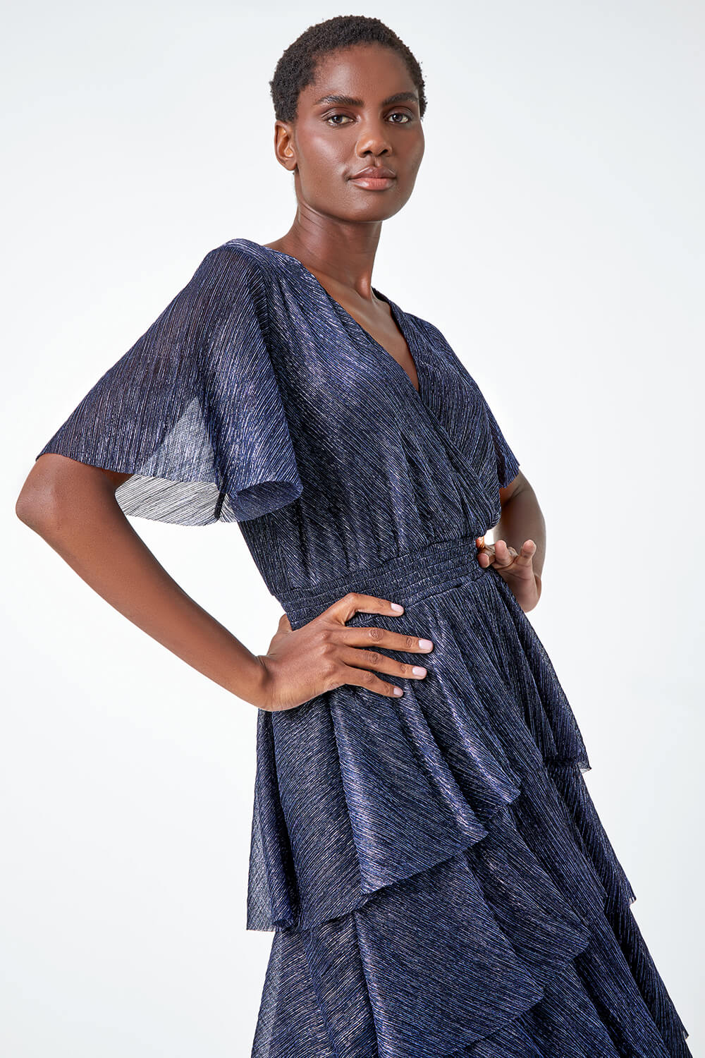 Midnight Blue Shimmer Tiered Midi Dress, Image 4 of 5