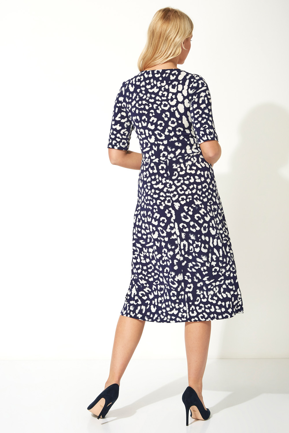 Navy  Leopard Print Ruched Fit And Flare Dress, Image 2 of 5