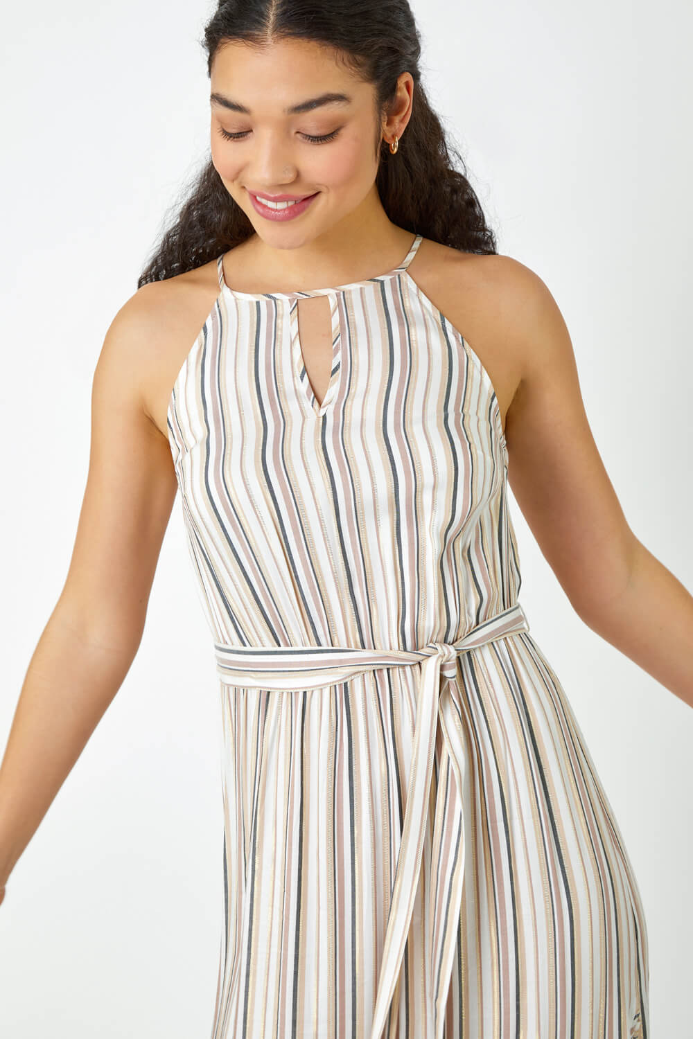 White Stripe Print Frill Detail Maxi Dress, Image 4 of 5